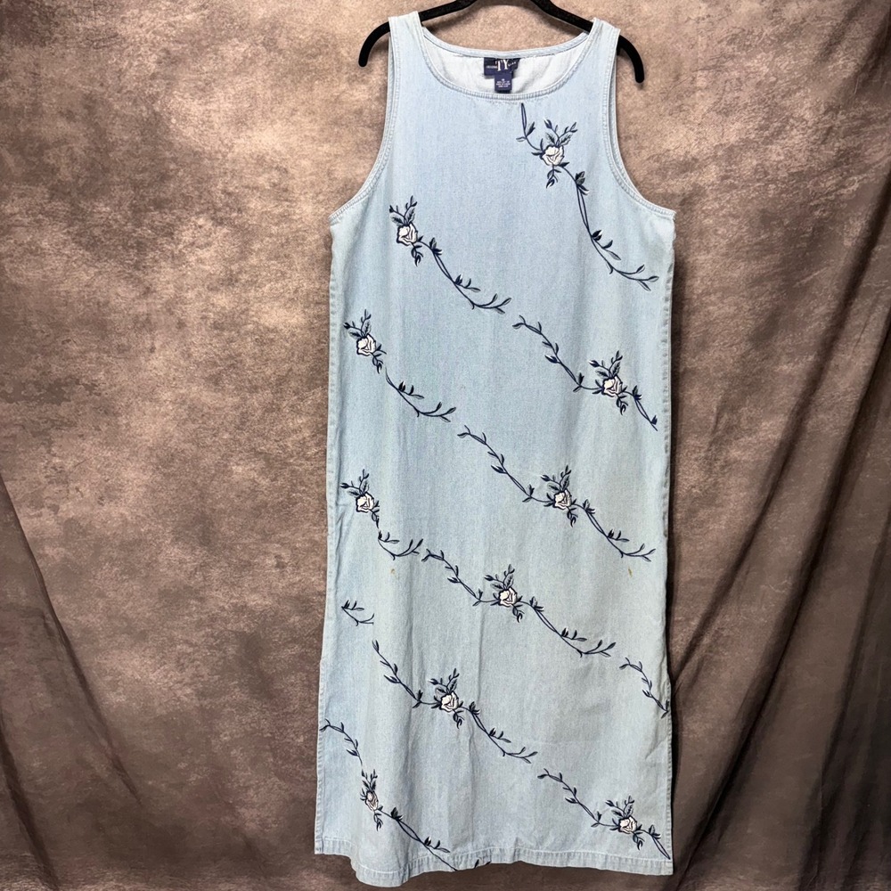 VTG 90s Denim Overall Maxi Dress Size 18 Floral Embroidered‎ Cottage TY Wear